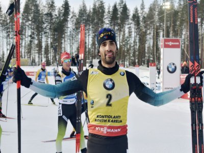 Le Français Martin Fourcade après sa victoire dans la poursuite de Kontiolahti, comptant pour la Coupe du monde de biathlon le 14 mars 2020 - Jussi Nukari [Lehtikuva/AFP]