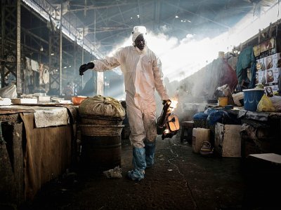 Un agent municipal désinfecte un marché dans le quartier Medina à Dakar, le 22 mars 2020 - JOHN WESSELS [AFP]