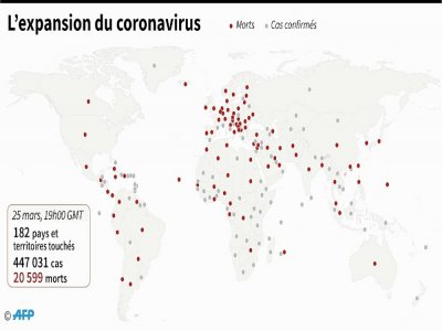 Pays et territoires ayant des cas confirmés de nouveau coronavirus, au 25 mars à 19H00 GMT - [AFP]