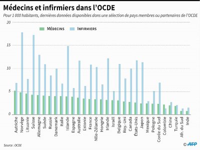 Graphique montrant le nombre de médecins et d'infirmiers pour 1 000 habitants dans une sélection de pays membres ou partenaires de l'OCDE - Gal ROMA [AFP]