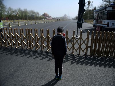 Un jeune garçon rend hommage aux morts du coronavirus lors d'une moment de recueillement national, à Pékin place Tiananmen, le 4 avril 2020 - GREG BAKER [AFP]