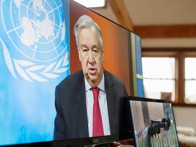Photo du secrétaire général des Nations Unies, Antonio Guterres, lors d'une conférence de presse par vidéo le 3 avril 2020. - Mark GARTEN [Other/AFP/Archives]