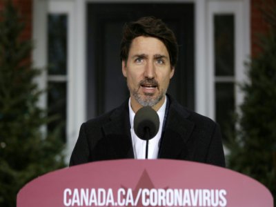 Le Premier ministre canadien Justin Trudeau lors de sa conférence de presse quotidienne sur la crise du coronavirus, devant sa résidence officielle à Ottawa le 29 mars 2020 - Dave Chan [AFP/Archives]