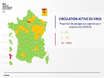 Le Calvados est passé de l'orange au vert sur cette carte qui représente la circulation active du virus. - Ministère de la santé