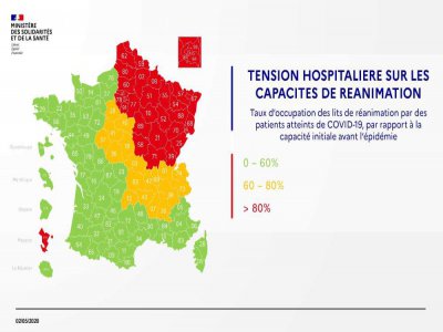 La carte de la tension hospitalière par département au samedi 2 mai 2020. - Ministère de la Santé