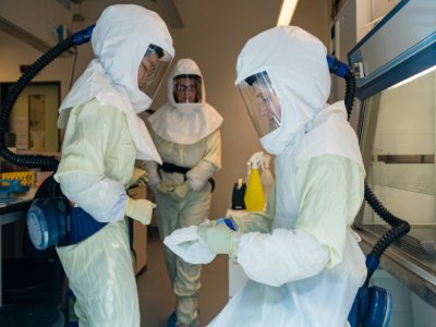 Des scientifiques du centre de recherche de Brunswick (Allemagne)  photographiés, le 8 mai 2020 derrière une vitre de protection travaillent sur les virus pour trouver des remèdes à la pandémie actuelle - JENS SCHLUETER [AFP]