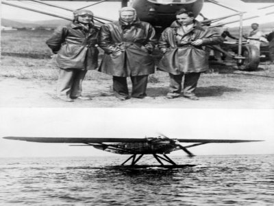 Photos de mai 1930 montrant Jean Dabry (gauche), Jean Mermoz (centre) et Léopold Gimié (droite) avant leur traversée de l'Atlantique Sud avec l'hydravion "Comte de la Vaulx" - - [AFP/Archives]