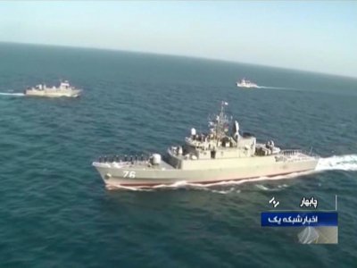 Capture d'écran d'une image diffusée le 27 décembre 2019 par la télévision d'Etat iranienne IRIB, montre la frégate iranienne Jamaran lors d'un exercice naval irano-russo-chinois dans l'océan indien et en mer d'Oman. - - [IRIB TV/AFP/Archives]