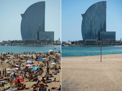 La plage de Barceloneta, à Barcelone, le 21 août 2017 (gauche), et le 13 mai 2020 (droite) - Josep LAGO [AFP]