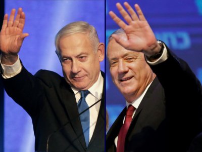 Photo-montage créé le 18 septembre 2019 montrant le Premier ministre israélien Benjamin Netanyahu (à gauche) et son ex-rival Benny Gantz (à droite), à la tête du parti Bleu-Blanc - Emmanuel DUNAND, Menahem KAHANA [AFP/Archives]
