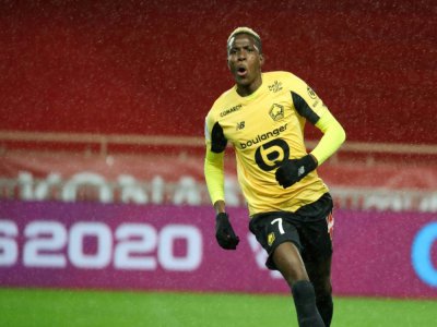 L'attaquant nigérian de Lille Victor Osimhen après un but marqué contre Monaco en Ligue 1 au stade Louis II le 21 décembre 2019. - VALERY HACHE [AFP/Archives]