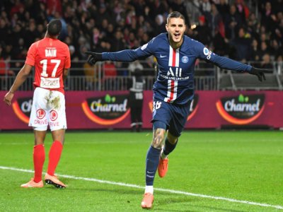 L'attaquant argentin du Paris Saint-Germain Mauro Icardi savoure un but inscrit à Brest en Ligue 1 le 9 novembre 2019. - Damien MEYER [AFP/Archives]