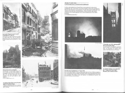 La tour Saint-Romain de la cathédrale de Rouen en feu, le 1er juin 1944, victime des bombardements en plein cœur de la Semaine rouge. - Archives