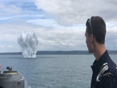 Une mine de fond allemande de la Seconde Guerre mondiale a été détruite au large du Cap Lévi le lundi 8 juin. - Préfecture Maritime Manche Mer du Nord