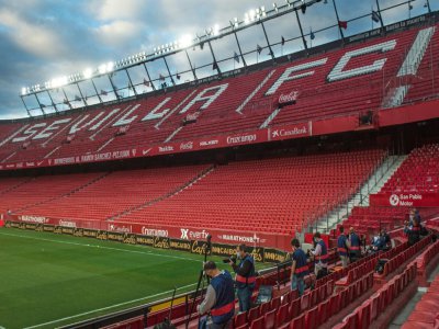 Le stade Ramon Sanchez Pizjuan de Séville s'apprête à accueillir le derby Séville FC contre le Real Betis à huis clos, le 11 juin 2020 - CRISTINA QUICLER [AFP]