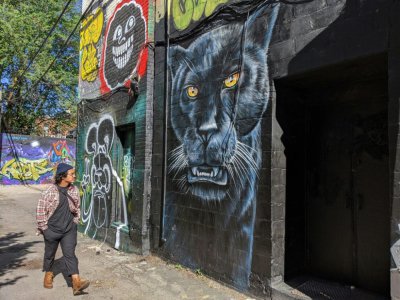 L'artiste Moises Frank passe devant un graffiti en hommage au mouvement américain des Black Panthers, le 12 juin 2020 à Graffiti Alley, à Toronto - Olivier MONNIER [AFP]