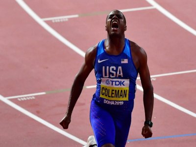 L'Américain Christian Coleman après sa victoire finale du 100 m aux Mondiaux d'athlétisme de Doha le 28 septembre 2019 - Giuseppe CACACE [AFP/Archives]