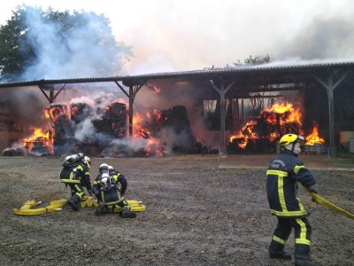 Les sapeurs-pompiers ont été alertés ce dimanche 21 juin pour un feu de fourrage dans un bâtiment agricole d'une superficie d'environ 500 m2 abritant 300 tonnes de fourrage, à Saint-Clément-Rancoudray, au lieu-dit La Margrivault. - SDIS 50