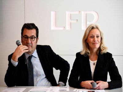 Nathalie Boy de la Tour, présidente de la Ligue, et le directeur exécutif de la LFP  Didier Quillot le 11 mars 2020 à Paris. - FRANCK FIFE [AFP/Archives]