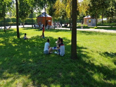 A la recherche d'un peu de fraîcheur à l'ombre des arbres du parc des Promenades à Alençon, alors que le thermomètre indique 34 °C.