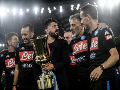 L'entraîneur Gennaro Gattuso savoure son triomphe avec Naples, après avoir remporté la Coupe d'Italie contre la Juventus, le 17 juin 2020 à Rome - Filippo MONTEFORTE [AFP/Archives]