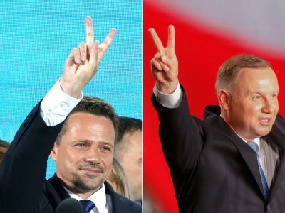 Le président polonais Andrzej Duda à Lowicz,  et son rival libéral Rafal Trzaskowski à Varsovie, le 28 juin 2020 - Wojtek RADWANSKI, JANEK SKARZYNSKI [AFP]