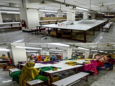 Pendant le confinement le 7 avril et après le déconfinement le 18 juin à l'usine textile Dibbo Fashion, près de Dacca - MUNIR UZ ZAMAN [AFP]