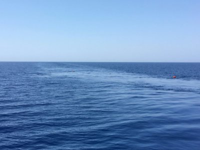 Deux migrants nagent après s'être jetés par-dessus bord depuis l'Ocean Viking, le 2 juillet 2020 en Méditerranée - Shahzad ABDUL [AFP]