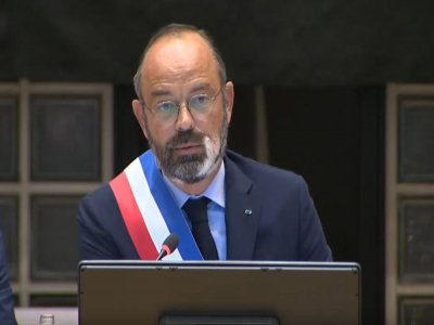 Édouard Philippe, élu maire du Havre lors du conseil municipal d'installation ce dimanche 5 juillet. Il a obtenu 47 voix sur 59 inscrits. - Capture d'écran