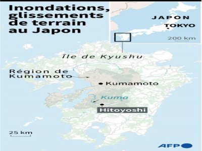 Localisation de l'île de Kyushu au Japon où des inondations et glissements de terrain ont fait des dizaines de morts et disparus - Jonathan WALTER [AFP]