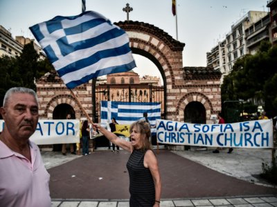 Manifestation contre la transformation en mosquée de l'ex-basilique Sainte-Sophie d'Istanbul, le 10 juillet 2020 à Salonique, en Grèce - Sakis MITROLIDIS [AFP]