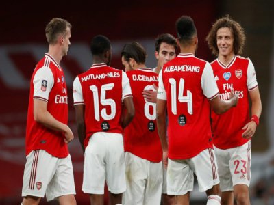 La joie des joueurs d'Arsenal qualifiés pour la finale de la Coupe d'Angleterre aux dépens de Manchester City, le 18 juillet 2020 à Londres - MATTHEW CHILDS [POOL/AFP]
