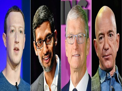 (G à D): Le patron de Facebook Mark Zuckerberg le 23 mai 2018, de Google Sundar Pichai, le 22 janvier 2019, d'Apple Tim Cook, le 28 octobre 2019 et d'Amazon Founder Jeff Bezos le 6 juin 2019 - BERTRAND GUAY, Tobias SCHWARZ, ANGELA WEISS, Mark RALSTON [AFP/Archives]