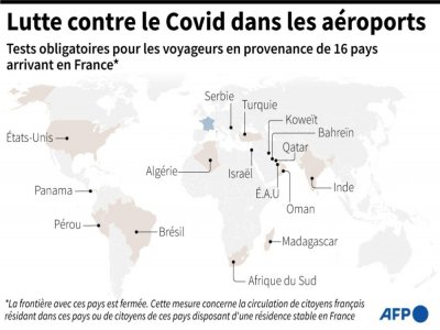 Carte localisant les 16 pays pour lesquels un test est obligatoire à l'arrivée aux aéroports en France - [AFP]