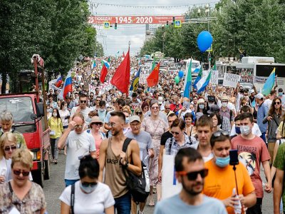 Manifestation non-autorisée en soutien au gouverneur arrêté Sergueï Fourgal, à Khabarovsk, le 25 juillet 2020 - Aleksandr Yanyshev [AFP]