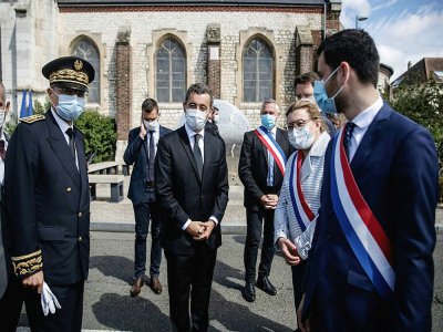 Le ministre de l'Intérieur Gérald Darmanin venu rendre hommage au père Hamel, assassiné il y a quatre ans à Saint-Étienne-du-Rouvray, le 26 juillet 2020 - Sameer Al-DOUMY [AFP]
