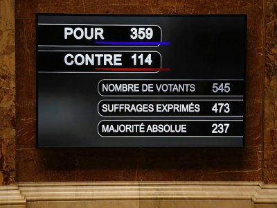 Un écran donne le résultat du vote sur la PMA à l'Assemblée Nationale, le 15 octobre 2019 à Paris - CHRISTOPHE ARCHAMBAULT [AFP/Archives]