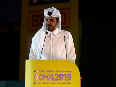 Le cheikh Joaan ben Hamad al-Thani, président du comité olympique qatari, lors de la cérémonie d'ouverture des Mondiaux d'athlétisme de Doha, le 27 septembre 2019 - KARIM JAAFAR [AFP/Archives]