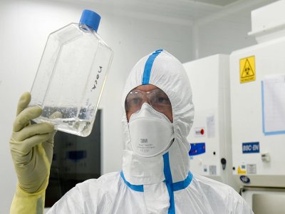 Un techncien examine un flacon contenant un liquide infecté par le virus du Sars-Cov-2 dans le laboratoire de la société de biotechnologie Valneva, le 30 juillet 2020 à Saint-Herblain, près de Nantes - JEAN-FRANCOIS MONIER [AFP]
