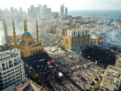 Vue aérienne d'affrontements entre manifestants et forces de sécurité dans le centre ville de Beyrouth au Liban le 8 août 2020 - - [AFP]