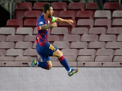 Lionel Messi exulte après son but contre Naples, en 8e retour de la Ligue des champions, le 8 août 2020 au Camp Nou - LLUIS GENE [AFP]