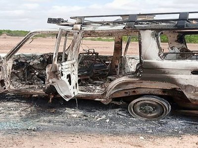 La voiture calcinée où se trouvaient les six Français et les deux Nigériens tués par des hommes armés dans la zone de Kouré, dans le sud-ouest du Niger, le 9 août 2020 - - [AFP]