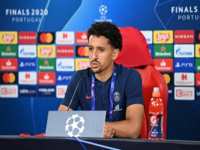 Le défenseur brésilien du Paris-SG, Marquinhos, en conférence de presse à Lisbonne, le 11 août 2020 - Handout [UEFA/AFP]