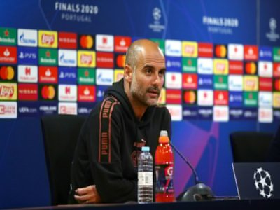 L'entraîneur espagnol de Manchester City, Pep Guardiola, en conférence de presse au stade Jose Alvalade de Lisbonne, à la veille du quart de finale de la Ligue des champions face à Lyon, le 14 août 2020 - Handout [UEFA/AFP]