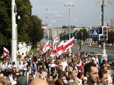 Manifestation contre la réélection du président Alexandre Loukachenko, le 30 août 2020 à Minsk, au Bélarus - - [TUT.BY/AFP]