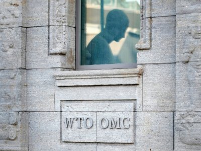 Le reflet d'une statue sur une vitre de la façade du siège de l'OMC, le 23 juillet 2020, à Genève - Fabrice COFFRINI [AFP]