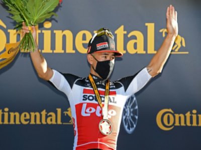 Le coureur australien de l'équipe Lotto Caleb Ewan vainqueur de la 3e étape du Tour de France à Sisteron, le 31 août 2020 - Stuart Franklin [POOL/AFP]