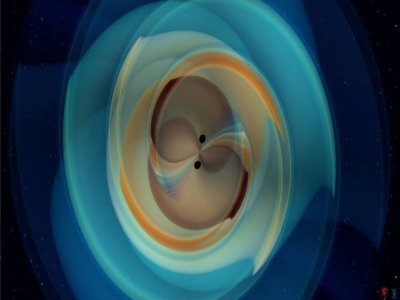 Image d'artiste représentant la fusion de deux trous noirs (GW190521) et les ondes qu'ils propagent - N. Fischer, H. Pfeiffer, A. Buonanno [MAX PLANCK INSTISTUTE FOR GRAVITATIONAL PHYSICS/AFP]