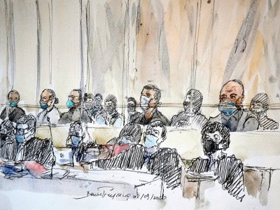 Croquis d'audience montrant les accusés  et leurs avocats, lors de l'ouverture du procès des attentats de janvier 2015, le 2 septembre 2020 à Paris - Benoit PEYRUCQ [AFP]