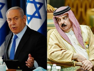 Collage de photos d'archives du Premier ministre israélien Benjamin Netanyahu, en juin 2020, et du roi de Bahreïn Hamad ben Issa Al-Khalifa, en décembre 2019 - RONEN ZVULUN, Fayez Nureldine [POOL/AFP/Archives]